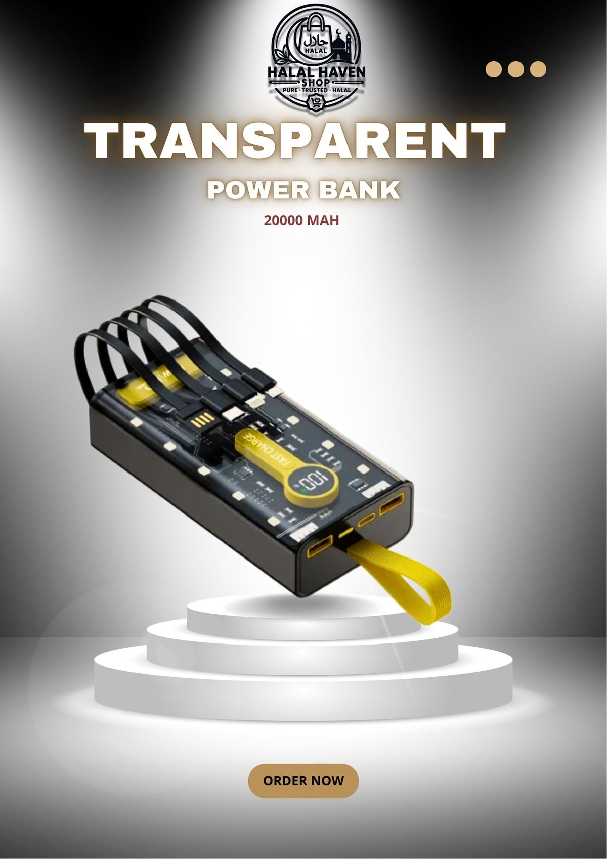 20000mAh Transparent Power Bank with 4 USB Cable